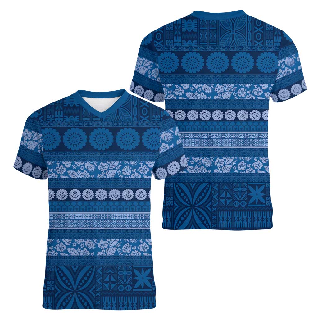 Fiji Marau na Kerisimasi Women V-Neck T-Shirt Blue Tapa Masi Inspired Christmas - Polynesian Pride