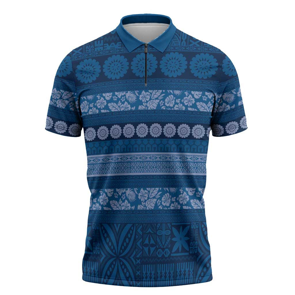 Fiji Marau na Kerisimasi Zipper Polo Shirt Blue Tapa Masi Inspired Christmas LT9 Blue - Polynesian Pride