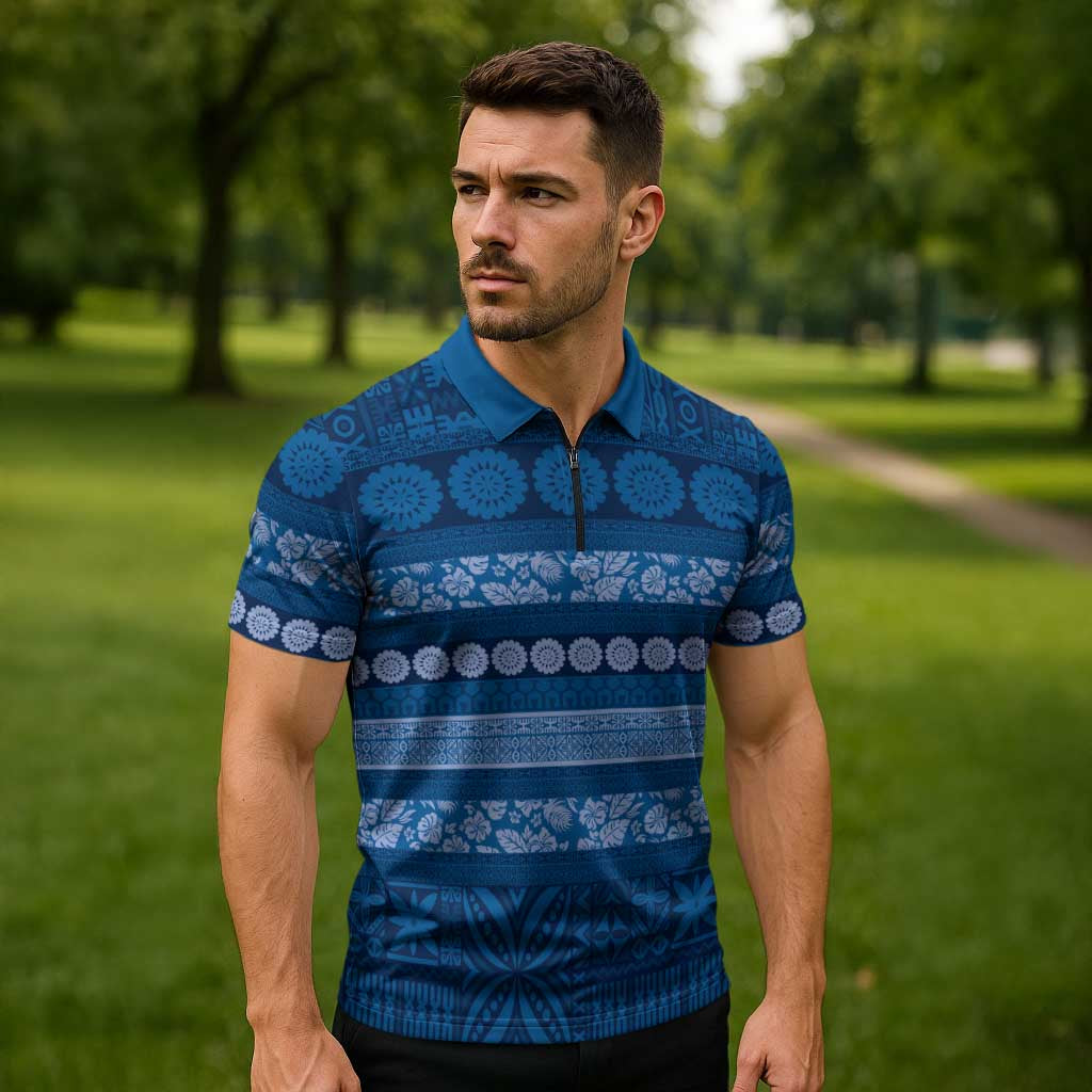 Fiji Marau na Kerisimasi Zipper Polo Shirt Blue Tapa Masi Inspired Christmas LT9 - Polynesian Pride