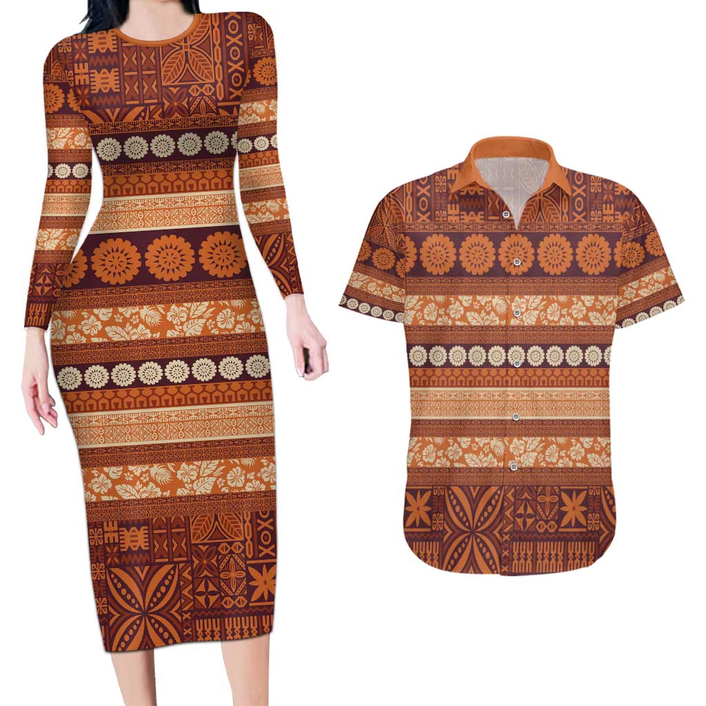 Fiji Marau na Kerisimasi Couples Matching Long Sleeve Bodycon Dress and Hawaiian Shirt Gold Tapa Masi Inspired Christmas - Polynesian Pride