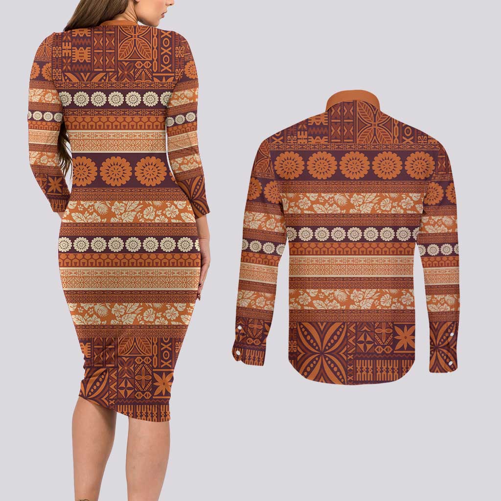 Fiji Marau na Kerisimasi Couples Matching Long Sleeve Bodycon Dress and Long Sleeve Button Shirt Gold Tapa Masi Inspired Christmas - Polynesian Pride