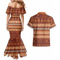 Fiji Marau na Kerisimasi Couples Matching Mermaid Dress and Hawaiian Shirt Gold Tapa Masi Inspired Christmas - Polynesian Pride