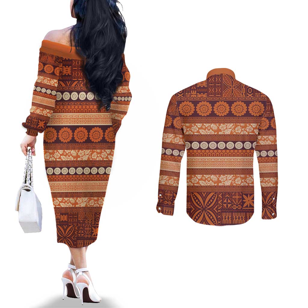 Fiji Marau na Kerisimasi Couples Matching Off The Shoulder Long Sleeve Dress and Long Sleeve Button Shirt Gold Tapa Masi Inspired Christmas - Polynesian Pride