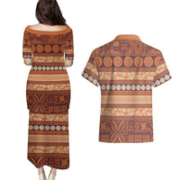Fiji Marau na Kerisimasi Couples Matching Puletasi and Hawaiian Shirt Gold Tapa Masi Inspired Christmas - Polynesian Pride