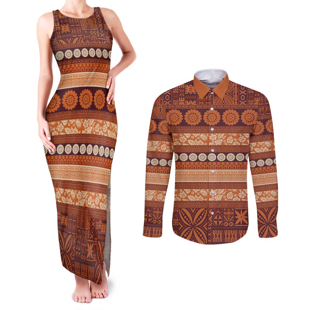Fiji Marau na Kerisimasi Couples Matching Tank Maxi Dress and Long Sleeve Button Shirt Gold Tapa Masi Inspired Christmas - Polynesian Pride
