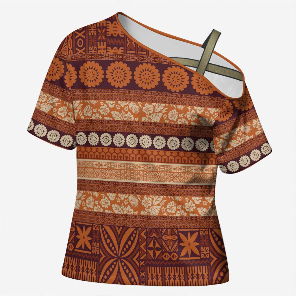 Fiji Marau na Kerisimasi Cross Shoulder Shirt Gold Tapa Masi Inspired Christmas LT9 Female Gold - Polynesian Pride