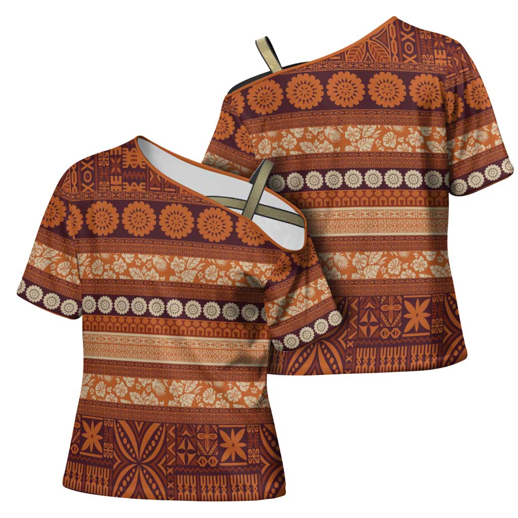 Fiji Marau na Kerisimasi Cross Shoulder Shirt Gold Tapa Masi Inspired Christmas LT9 - Polynesian Pride