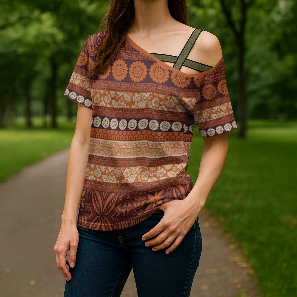 Fiji Marau na Kerisimasi Cross Shoulder Shirt Gold Tapa Masi Inspired Christmas LT9 - Polynesian Pride