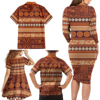 Fiji Marau na Kerisimasi Family Matching Long Sleeve Bodycon Dress and Hawaiian Shirt Gold Tapa Masi Inspired Christmas - Polynesian Pride