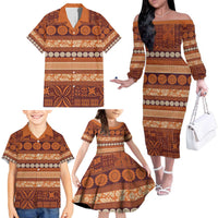 Fiji Marau na Kerisimasi Family Matching Off The Shoulder Long Sleeve Dress and Hawaiian Shirt Gold Tapa Masi Inspired Christmas - Polynesian Pride