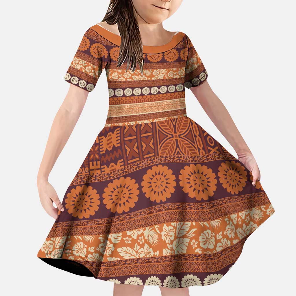 Fiji Marau na Kerisimasi Family Matching Puletasi and Hawaiian Shirt Gold Tapa Masi Inspired Christmas LT9 Daughter's Dress Gold - Polynesian Pride