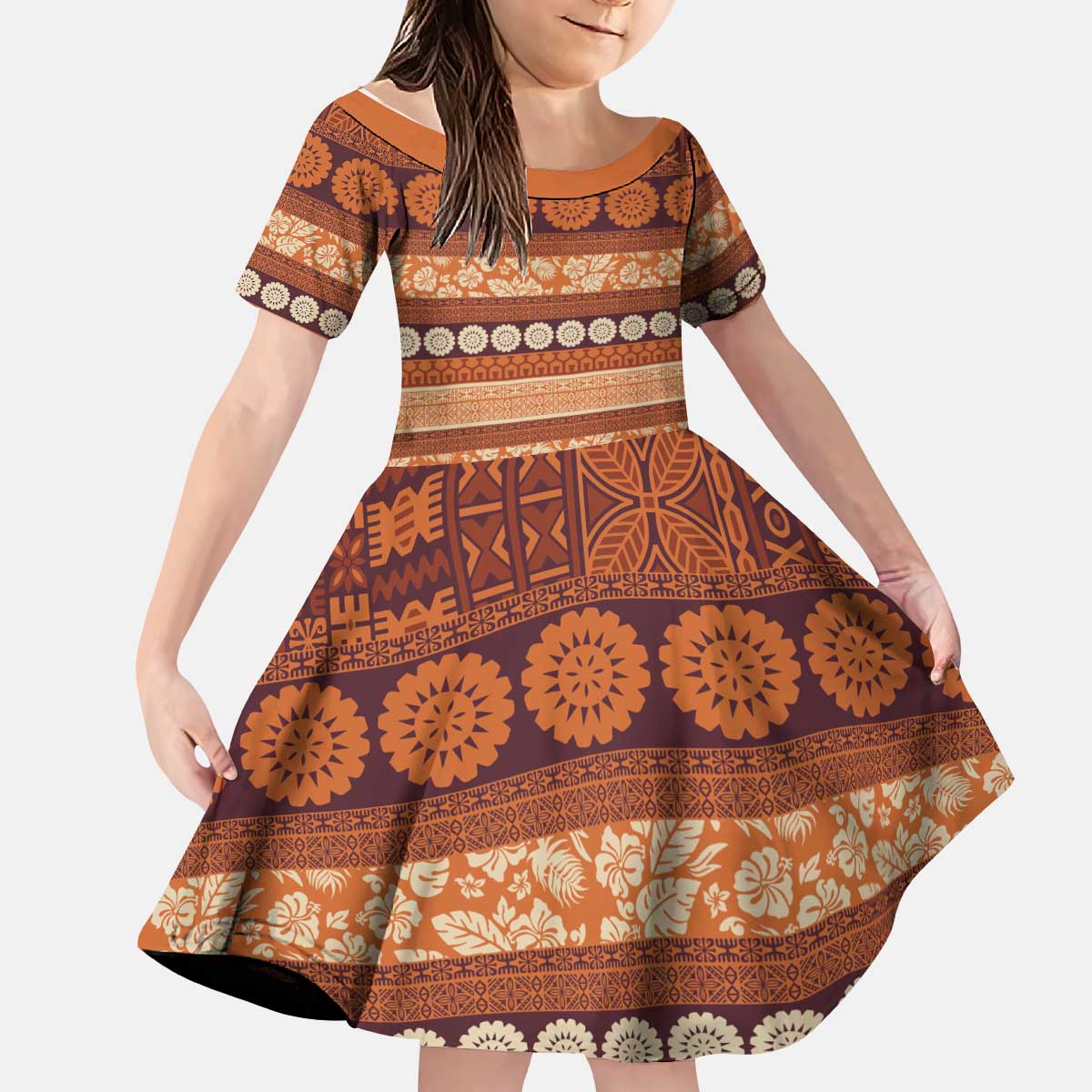 Fiji Marau na Kerisimasi Kid Short Sleeve Dress Gold Tapa Masi Inspired Christmas LT9 KID Gold - Polynesian Pride