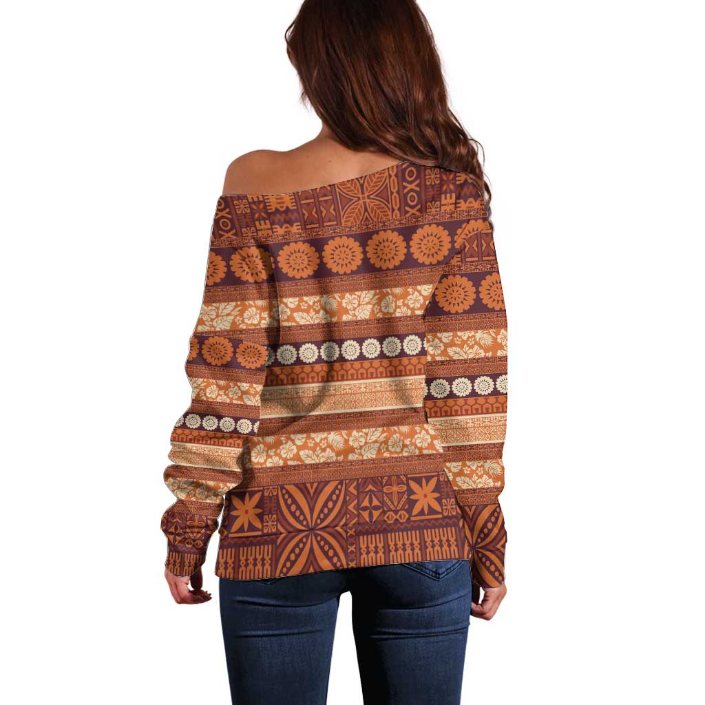 Fiji Marau na Kerisimasi Off Shoulder Sweater Gold Tapa Masi Inspired Christmas - Polynesian Pride