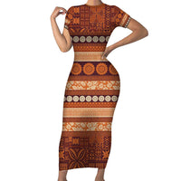 Fiji Marau na Kerisimasi Short Sleeve Bodycon Dress Gold Tapa Masi Inspired Christmas - Polynesian Pride