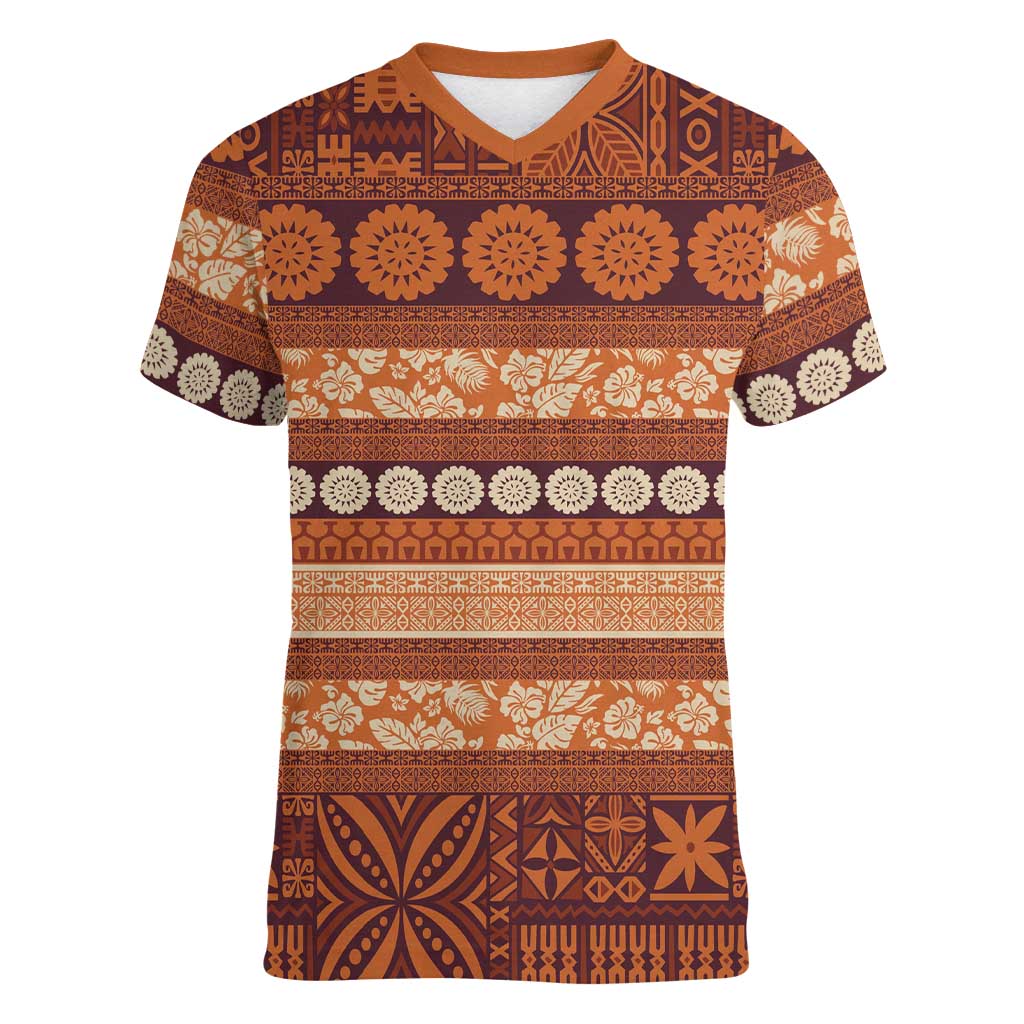 Fiji Marau na Kerisimasi Women V-Neck T-Shirt Gold Tapa Masi Inspired Christmas LT9 Female Gold - Polynesian Pride