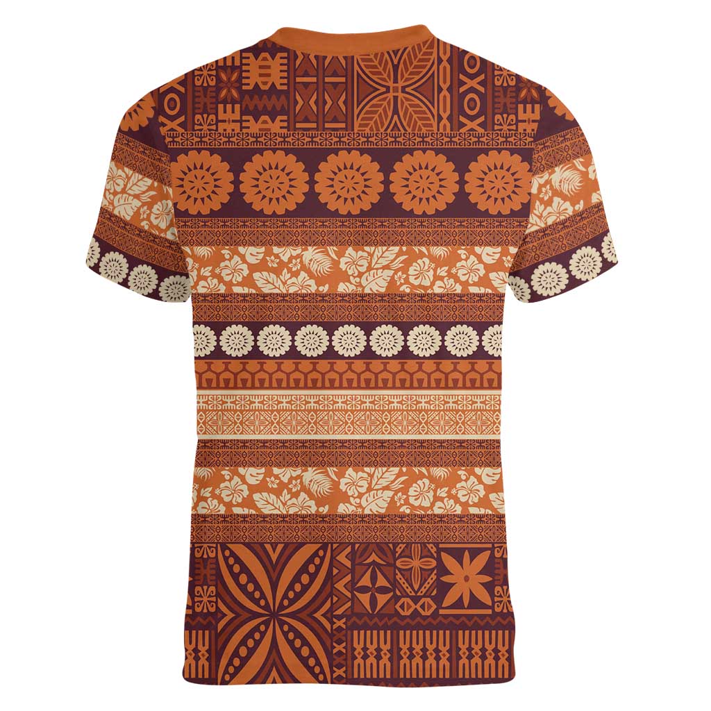 Fiji Marau na Kerisimasi Women V-Neck T-Shirt Gold Tapa Masi Inspired Christmas - Polynesian Pride