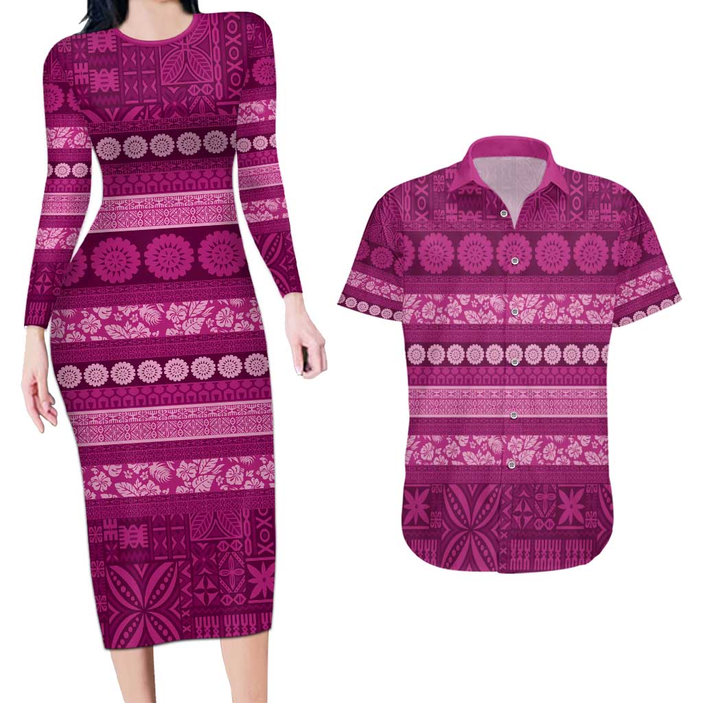 Fiji Marau na Kerisimasi Couples Matching Long Sleeve Bodycon Dress and Hawaiian Shirt Pink Tapa Masi Inspired Christmas - Polynesian Pride