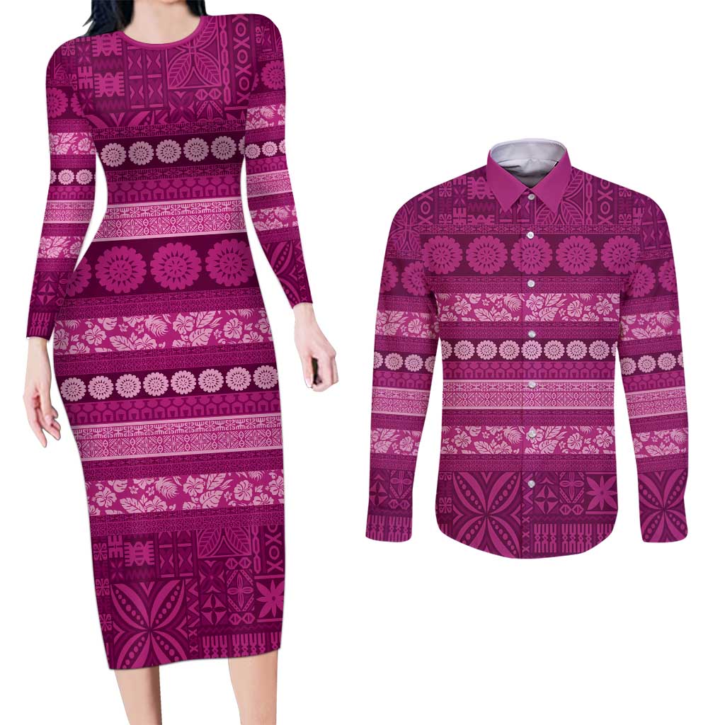 Fiji Marau na Kerisimasi Couples Matching Long Sleeve Bodycon Dress and Long Sleeve Button Shirt Pink Tapa Masi Inspired Christmas - Polynesian Pride