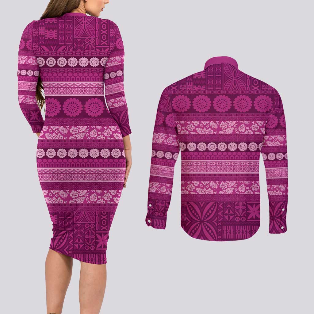 Fiji Marau na Kerisimasi Couples Matching Long Sleeve Bodycon Dress and Long Sleeve Button Shirt Pink Tapa Masi Inspired Christmas - Polynesian Pride