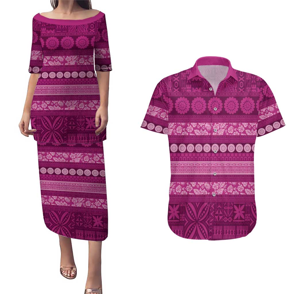 Fiji Marau na Kerisimasi Couples Matching Puletasi and Hawaiian Shirt Pink Tapa Masi Inspired Christmas - Polynesian Pride