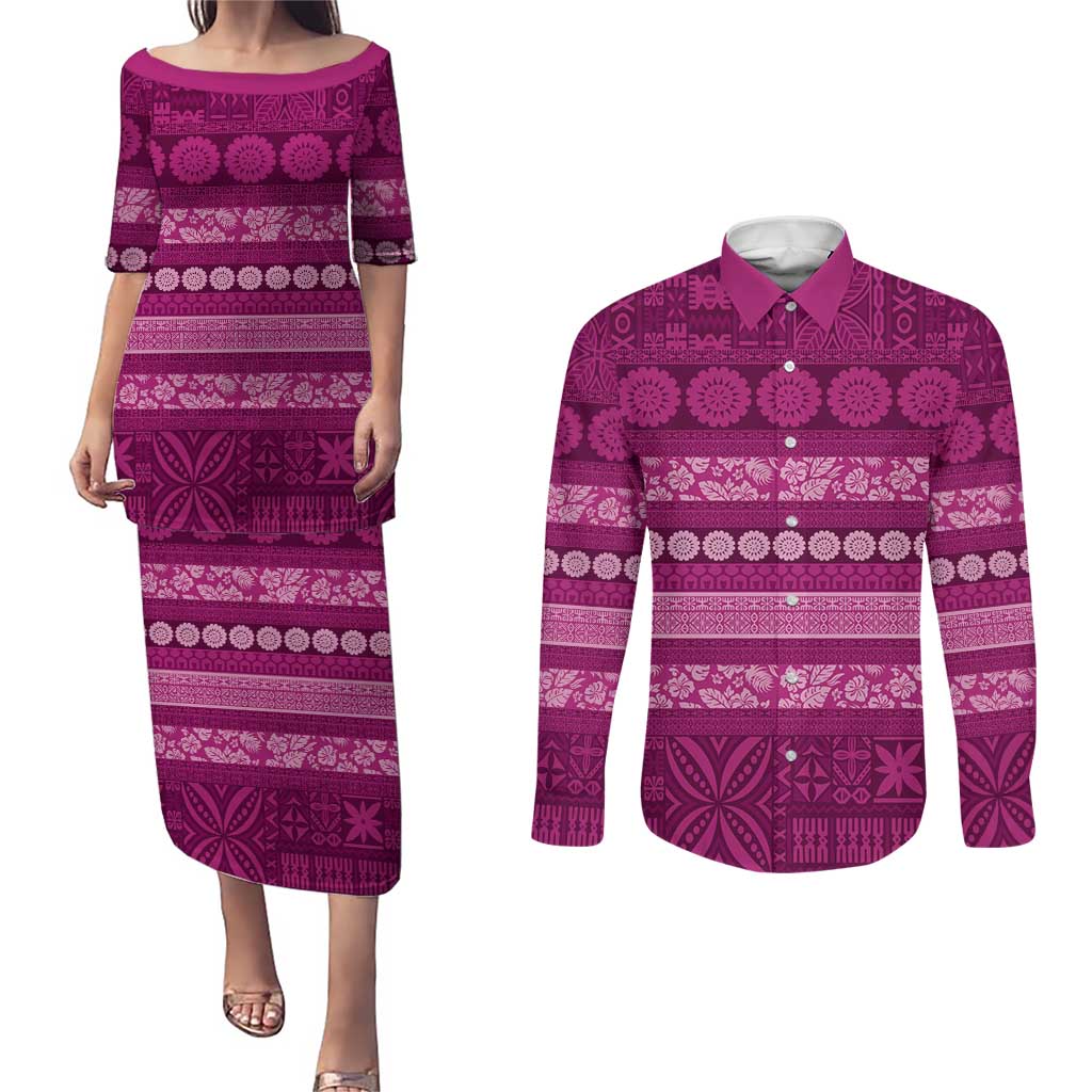 Fiji Marau na Kerisimasi Couples Matching Puletasi and Long Sleeve Button Shirt Pink Tapa Masi Inspired Christmas LT9 Pink - Polynesian Pride