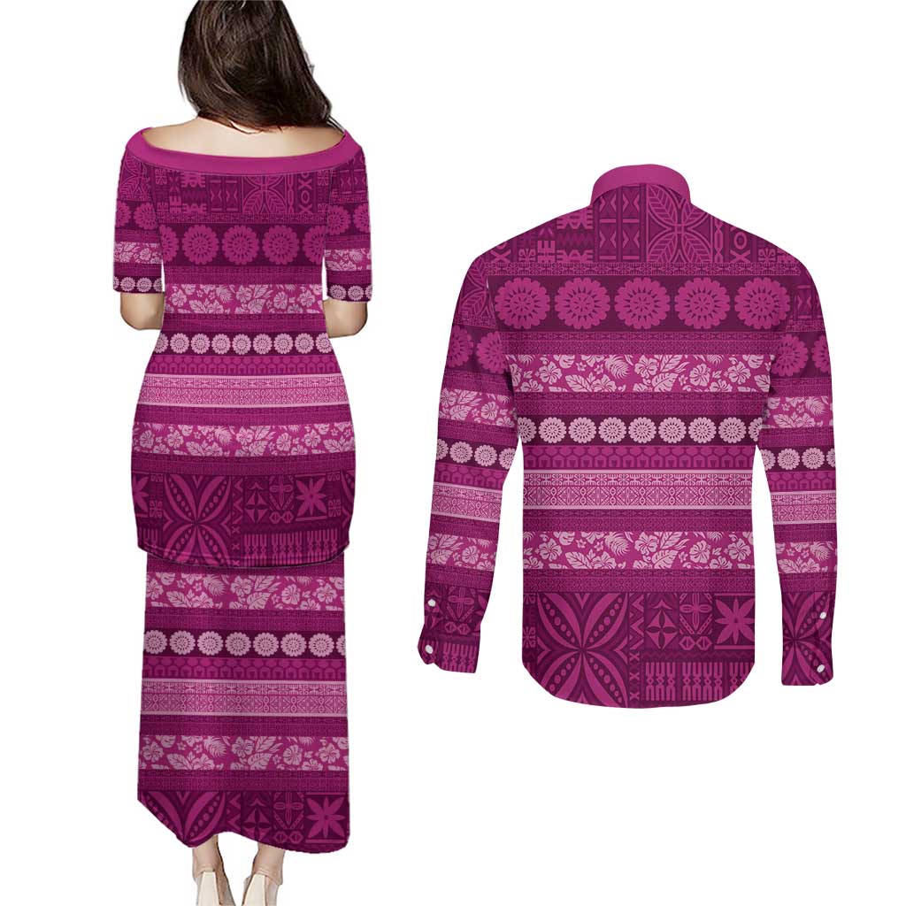 Fiji Marau na Kerisimasi Couples Matching Puletasi and Long Sleeve Button Shirt Pink Tapa Masi Inspired Christmas - Polynesian Pride