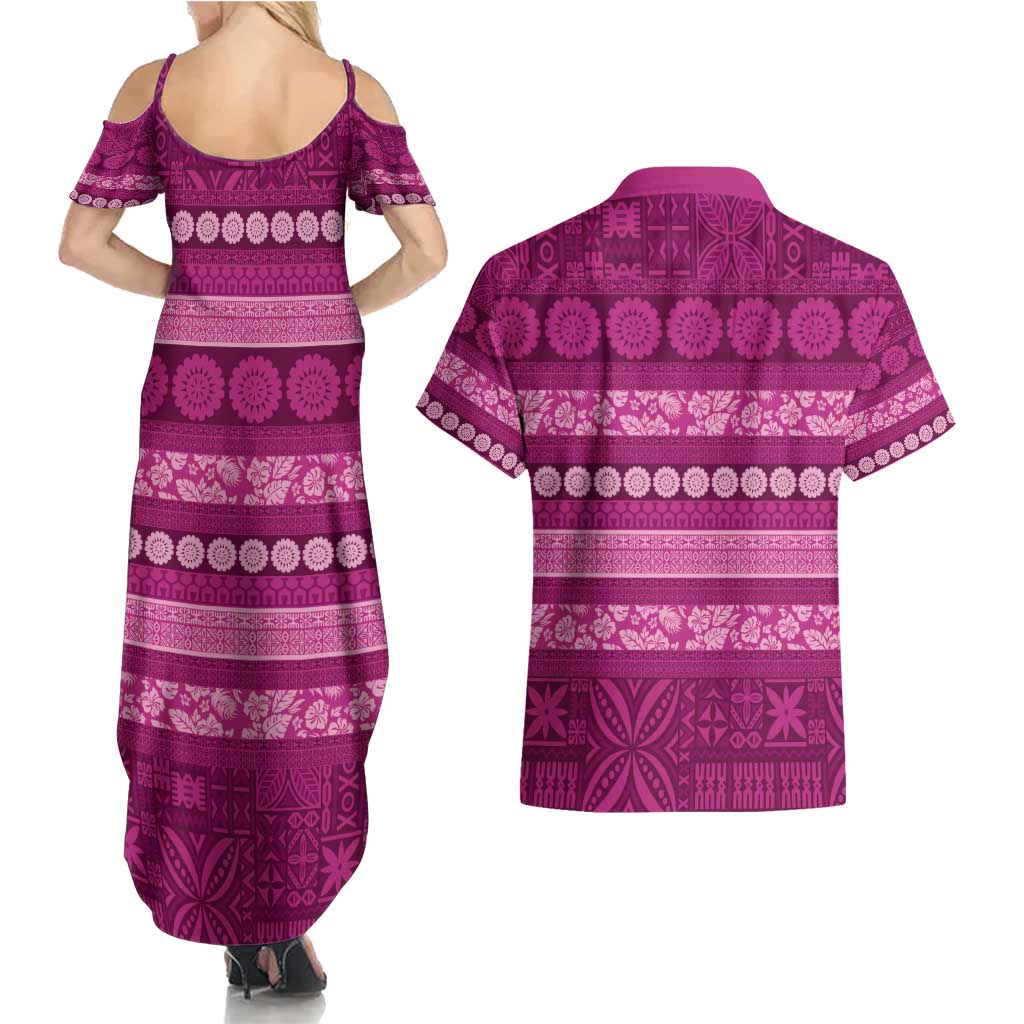 Fiji Marau na Kerisimasi Couples Matching Summer Maxi Dress and Hawaiian Shirt Pink Tapa Masi Inspired Christmas - Polynesian Pride