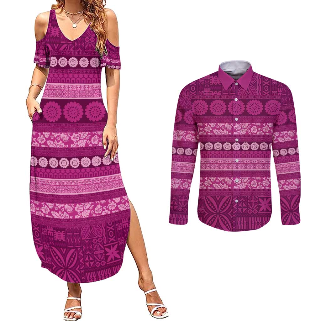 Fiji Marau na Kerisimasi Couples Matching Summer Maxi Dress and Long Sleeve Button Shirt Pink Tapa Masi Inspired Christmas - Polynesian Pride
