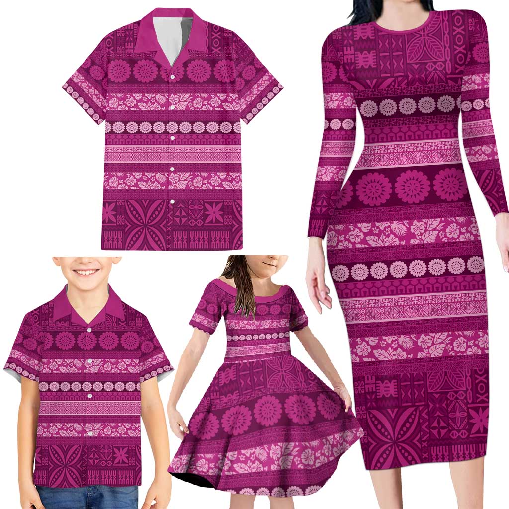 Fiji Marau na Kerisimasi Family Matching Long Sleeve Bodycon Dress and Hawaiian Shirt Pink Tapa Masi Inspired Christmas - Polynesian Pride