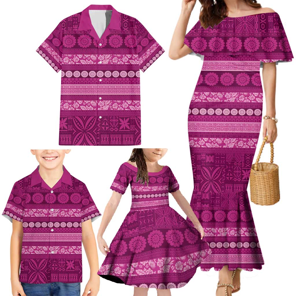 Fiji Marau na Kerisimasi Family Matching Mermaid Dress and Hawaiian Shirt Pink Tapa Masi Inspired Christmas - Polynesian Pride