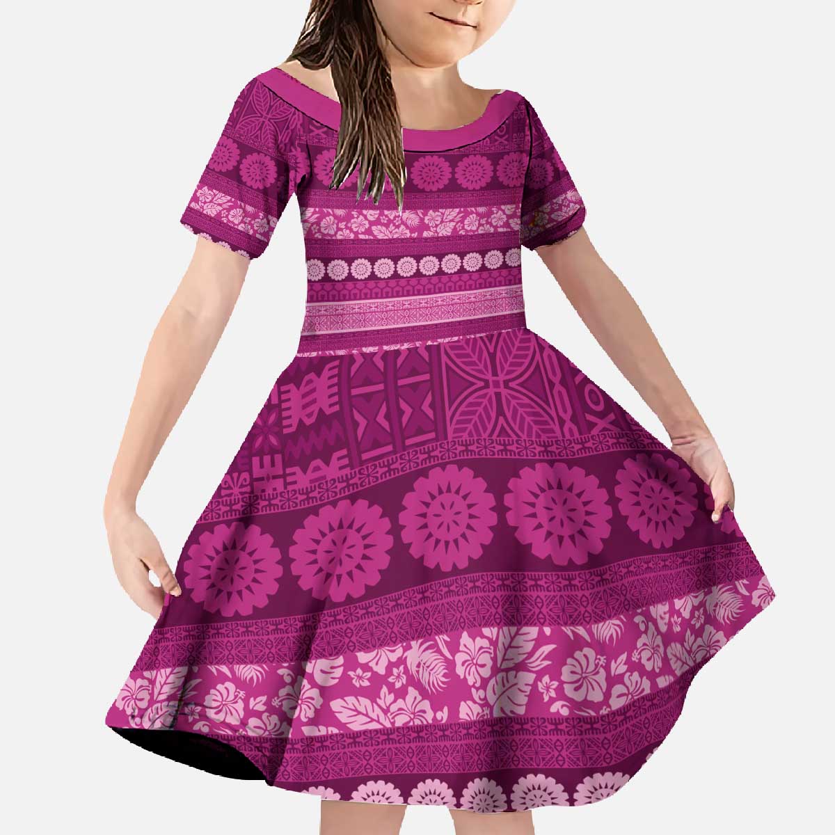 Fiji Marau na Kerisimasi Family Matching Off The Shoulder Long Sleeve Dress and Hawaiian Shirt Pink Tapa Masi Inspired Christmas - Polynesian Pride
