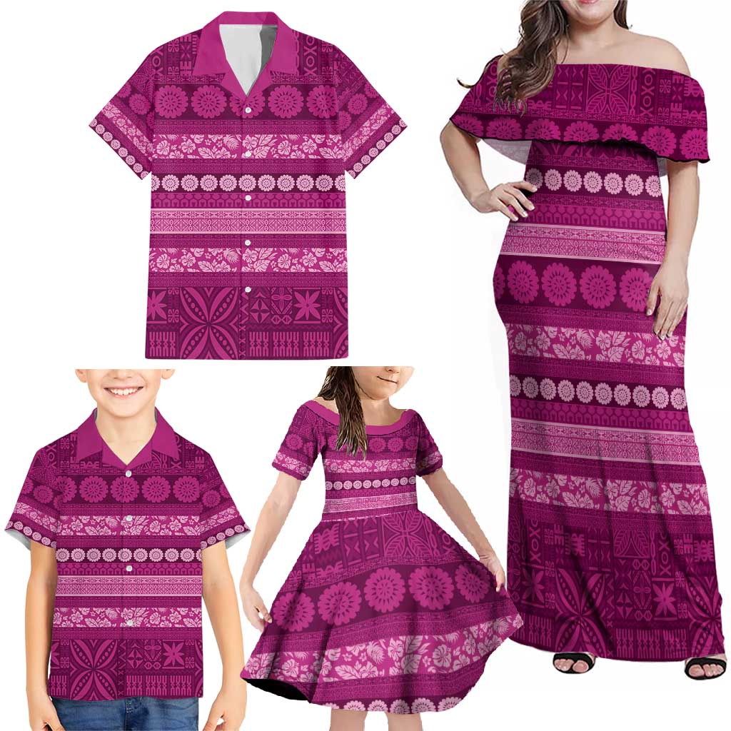 Fiji Marau na Kerisimasi Family Matching Off Shoulder Maxi Dress and Hawaiian Shirt Pink Tapa Masi Inspired Christmas - Polynesian Pride