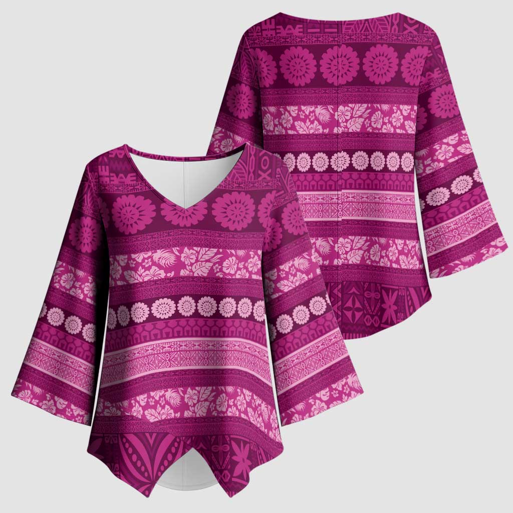 Fiji Marau na Kerisimasi Kimono Sleeve Blouse Pink Tapa Masi Inspired Christmas LT9 - Polynesian Pride