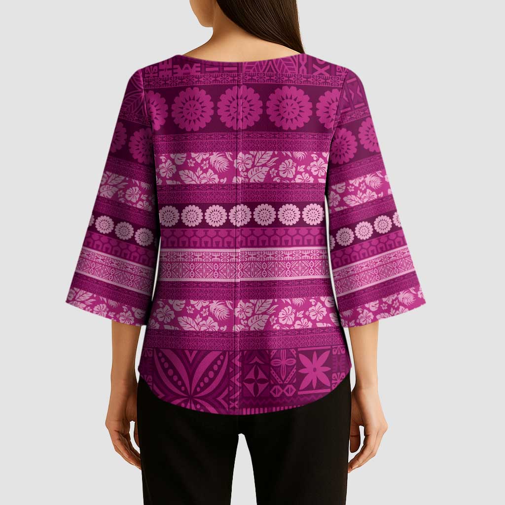 Fiji Marau na Kerisimasi Kimono Sleeve Blouse Pink Tapa Masi Inspired Christmas LT9 - Polynesian Pride