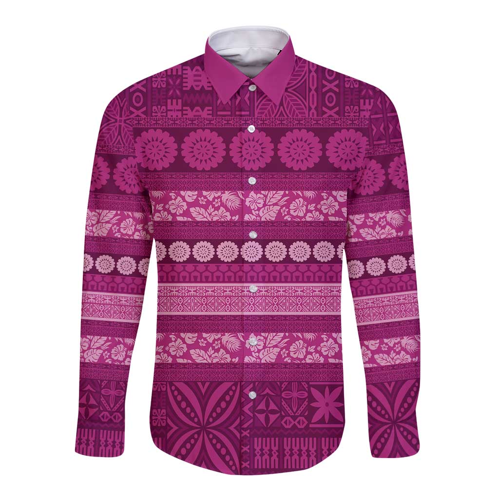 Fiji Marau na Kerisimasi Long Sleeve Button Shirt Pink Tapa Masi Inspired Christmas LT9 Unisex Pink - Polynesian Pride