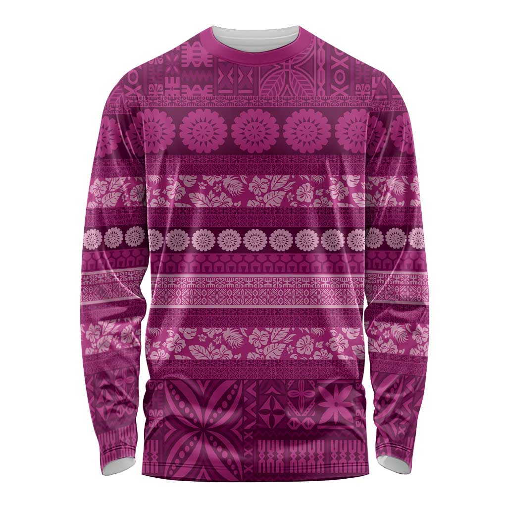 Fiji Marau na Kerisimasi Long Sleeve Shirt Pink Tapa Masi Inspired Christmas LT9 Unisex Pink - Polynesian Pride