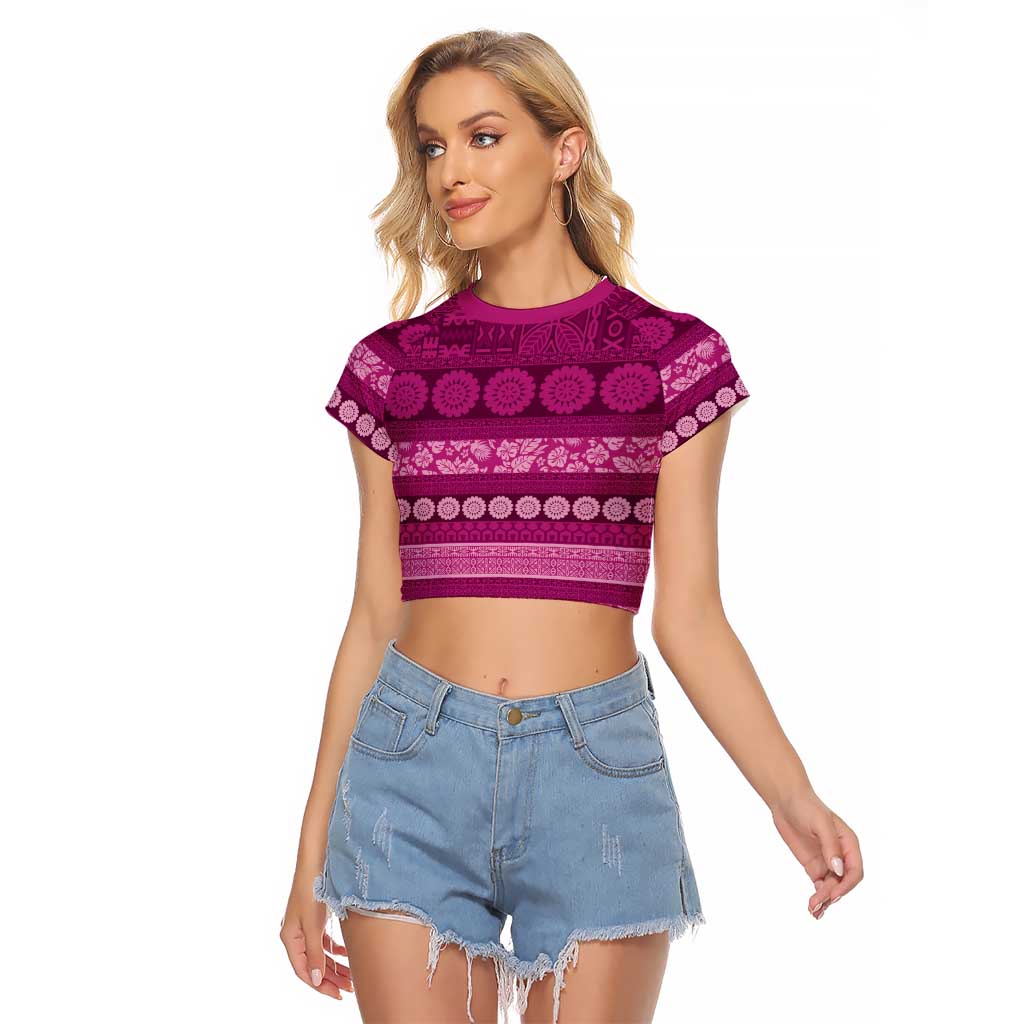 Fiji Marau na Kerisimasi Raglan Cropped T Shirt Pink Tapa Masi Inspired Christmas LT9 Female Pink - Polynesian Pride