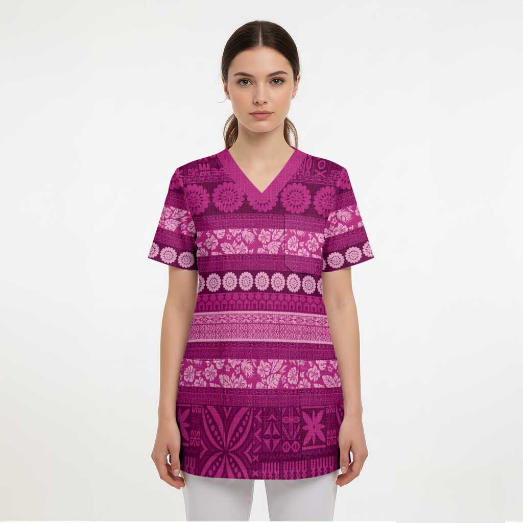 Fiji Marau na Kerisimasi Scrub Top Pink Tapa Masi Inspired Christmas LT9 - Polynesian Pride