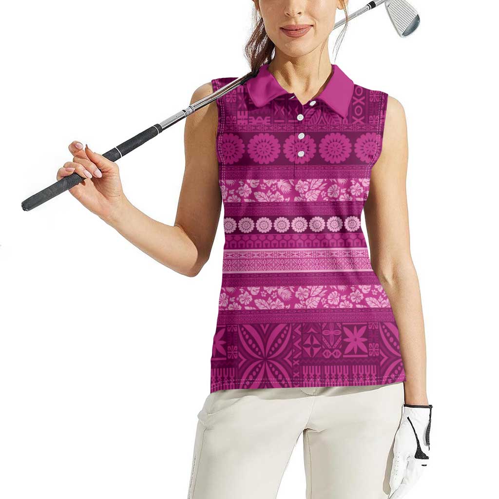Fiji Marau na Kerisimasi Women Sleeveless Polo Shirt Pink Tapa Masi Inspired Christmas - Polynesian Pride
