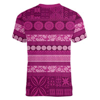 Fiji Marau na Kerisimasi Women V-Neck T-Shirt Pink Tapa Masi Inspired Christmas - Polynesian Pride
