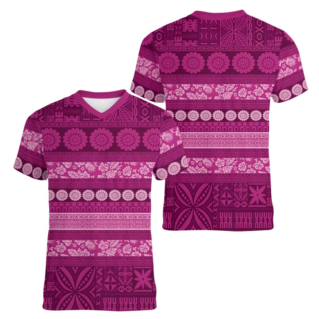 Fiji Marau na Kerisimasi Women V-Neck T-Shirt Pink Tapa Masi Inspired Christmas - Polynesian Pride