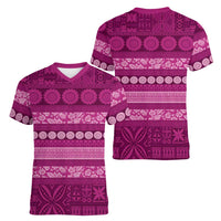 Fiji Marau na Kerisimasi Women V-Neck T-Shirt Pink Tapa Masi Inspired Christmas - Polynesian Pride