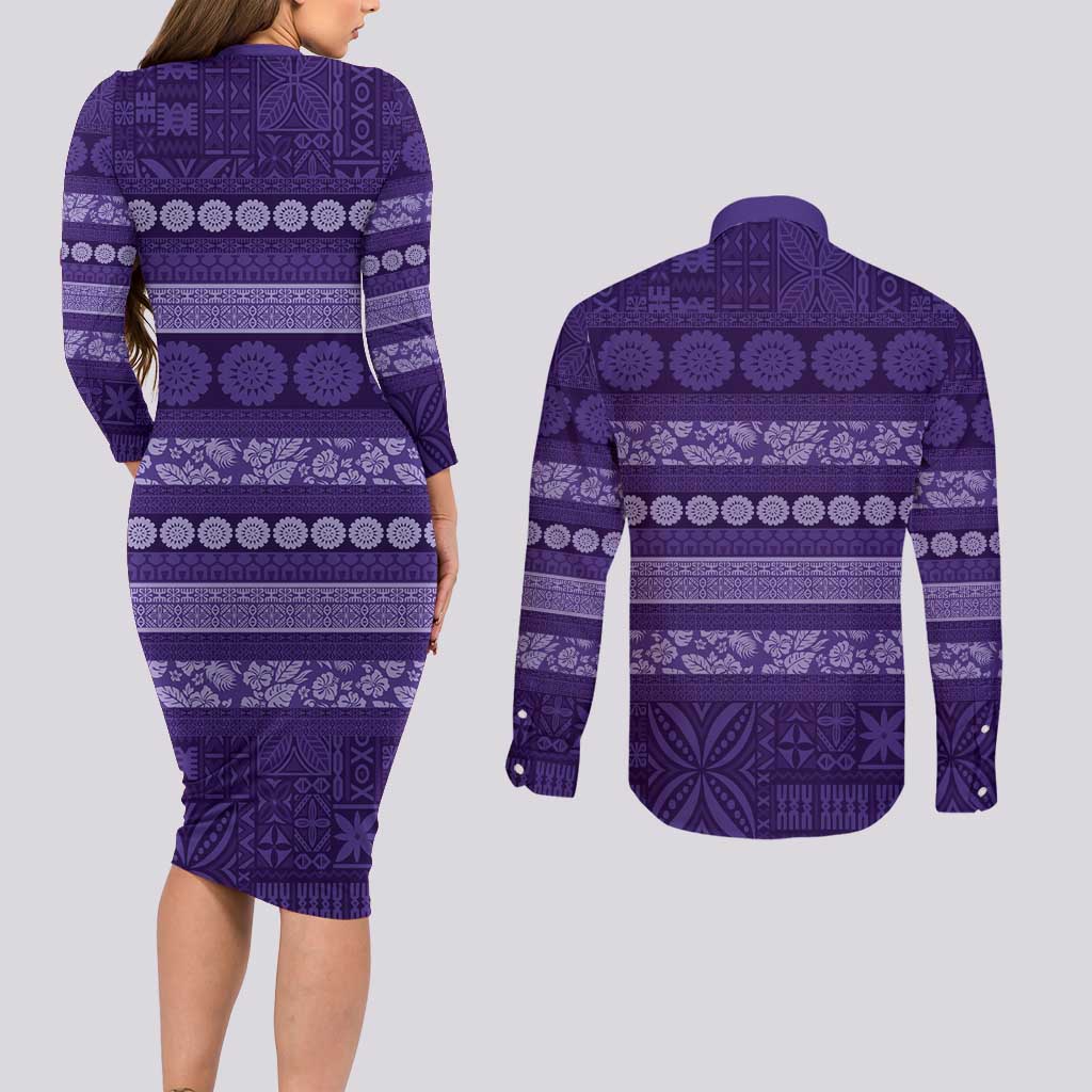 Fiji Marau na Kerisimasi Couples Matching Long Sleeve Bodycon Dress and Long Sleeve Button Shirt Purple Tapa Masi Inspired Christmas - Polynesian Pride