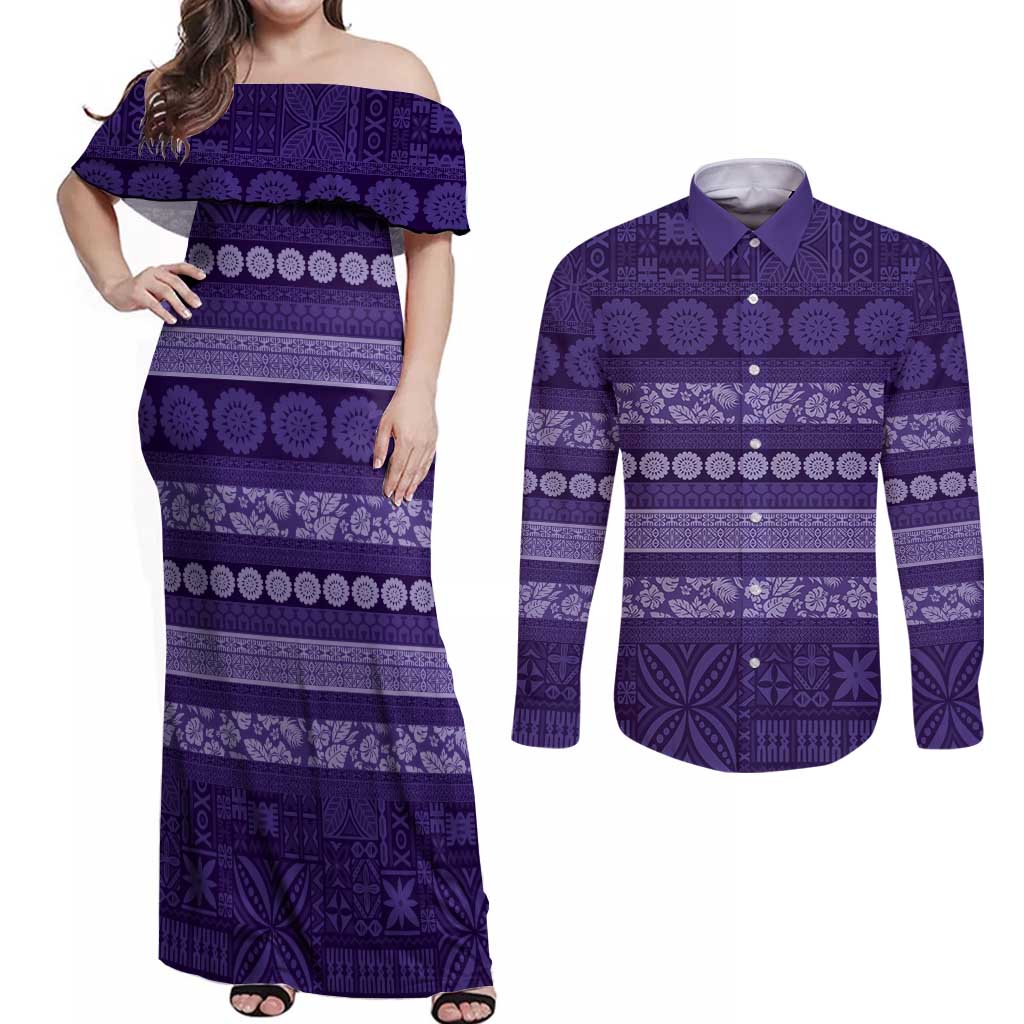 Fiji Marau na Kerisimasi Couples Matching Off Shoulder Maxi Dress and Long Sleeve Button Shirt Purple Tapa Masi Inspired Christmas - Polynesian Pride