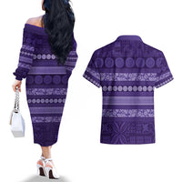 Fiji Marau na Kerisimasi Couples Matching Off The Shoulder Long Sleeve Dress and Hawaiian Shirt Purple Tapa Masi Inspired Christmas - Polynesian Pride