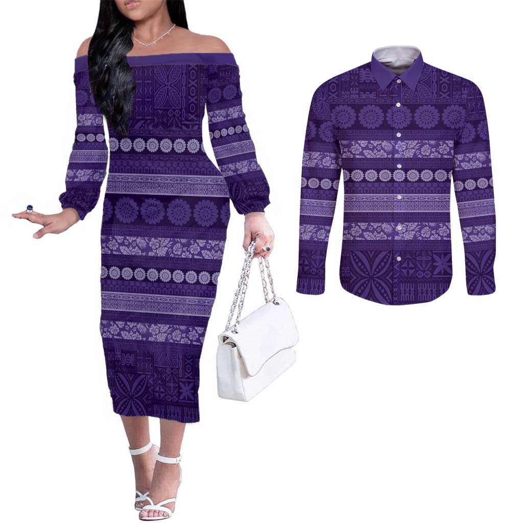 Fiji Marau na Kerisimasi Couples Matching Off The Shoulder Long Sleeve Dress and Long Sleeve Button Shirt Purple Tapa Masi Inspired Christmas - Polynesian Pride
