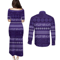 Fiji Marau na Kerisimasi Couples Matching Puletasi and Long Sleeve Button Shirt Purple Tapa Masi Inspired Christmas - Polynesian Pride