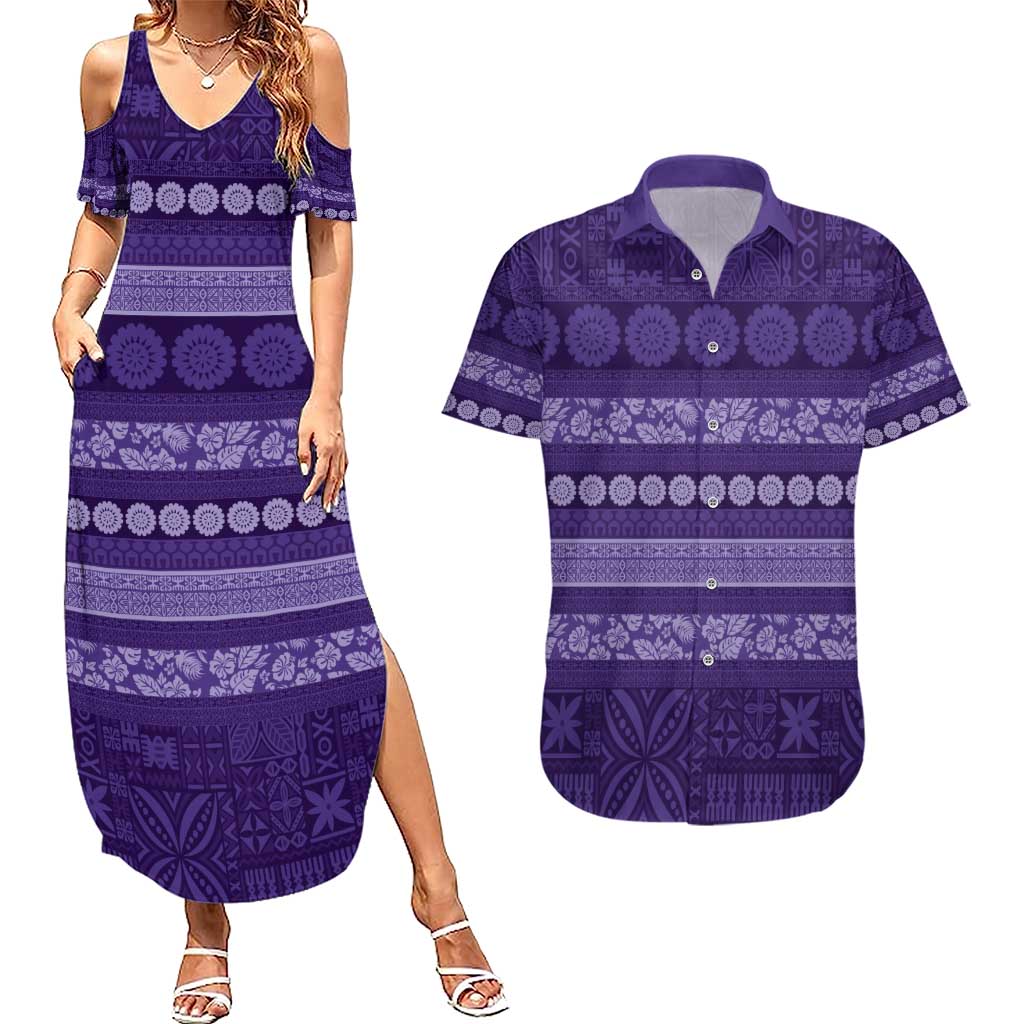 Fiji Marau na Kerisimasi Couples Matching Summer Maxi Dress and Hawaiian Shirt Purple Tapa Masi Inspired Christmas - Polynesian Pride