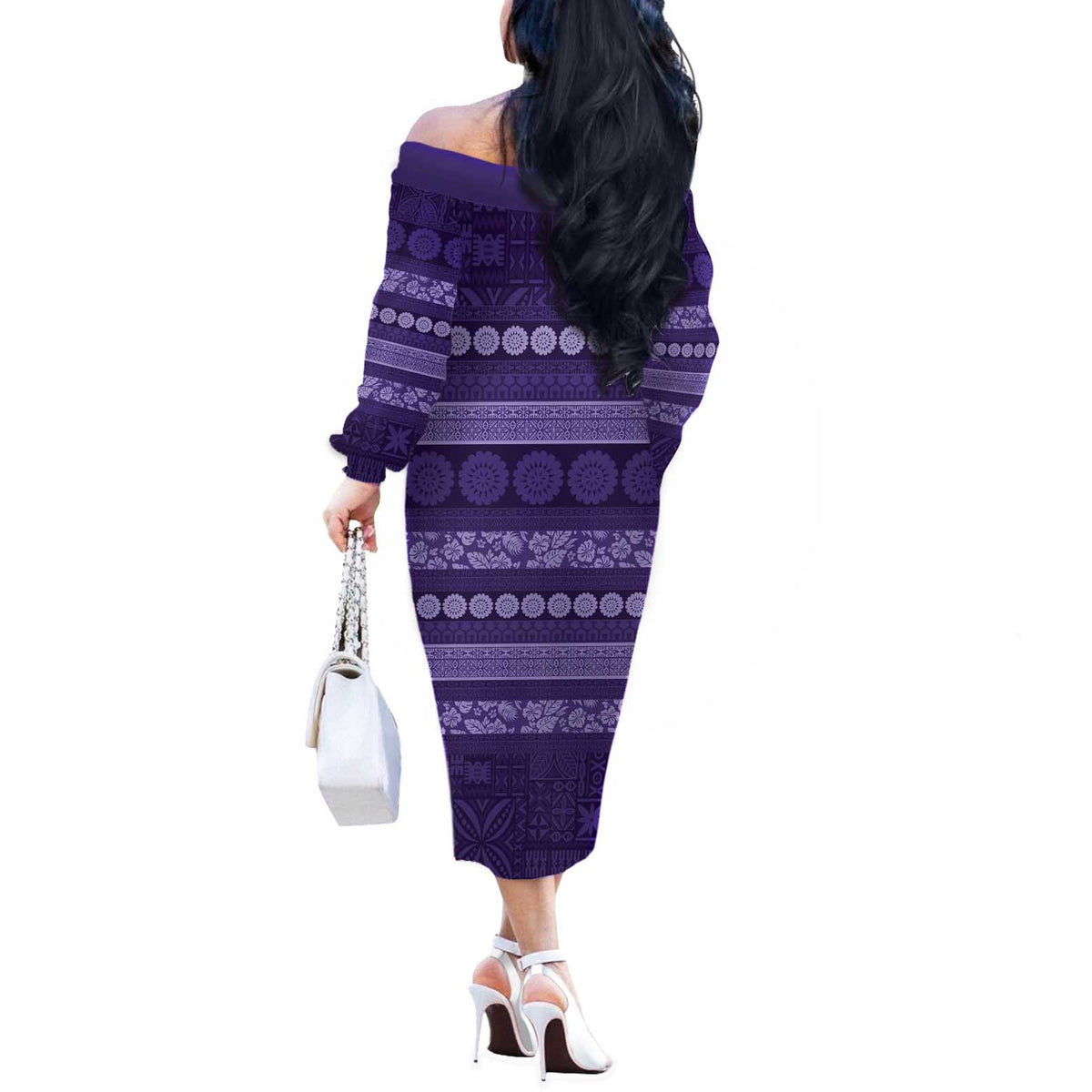 Fiji Marau na Kerisimasi Off The Shoulder Long Sleeve Dress Purple Tapa Masi Inspired Christmas - Polynesian Pride
