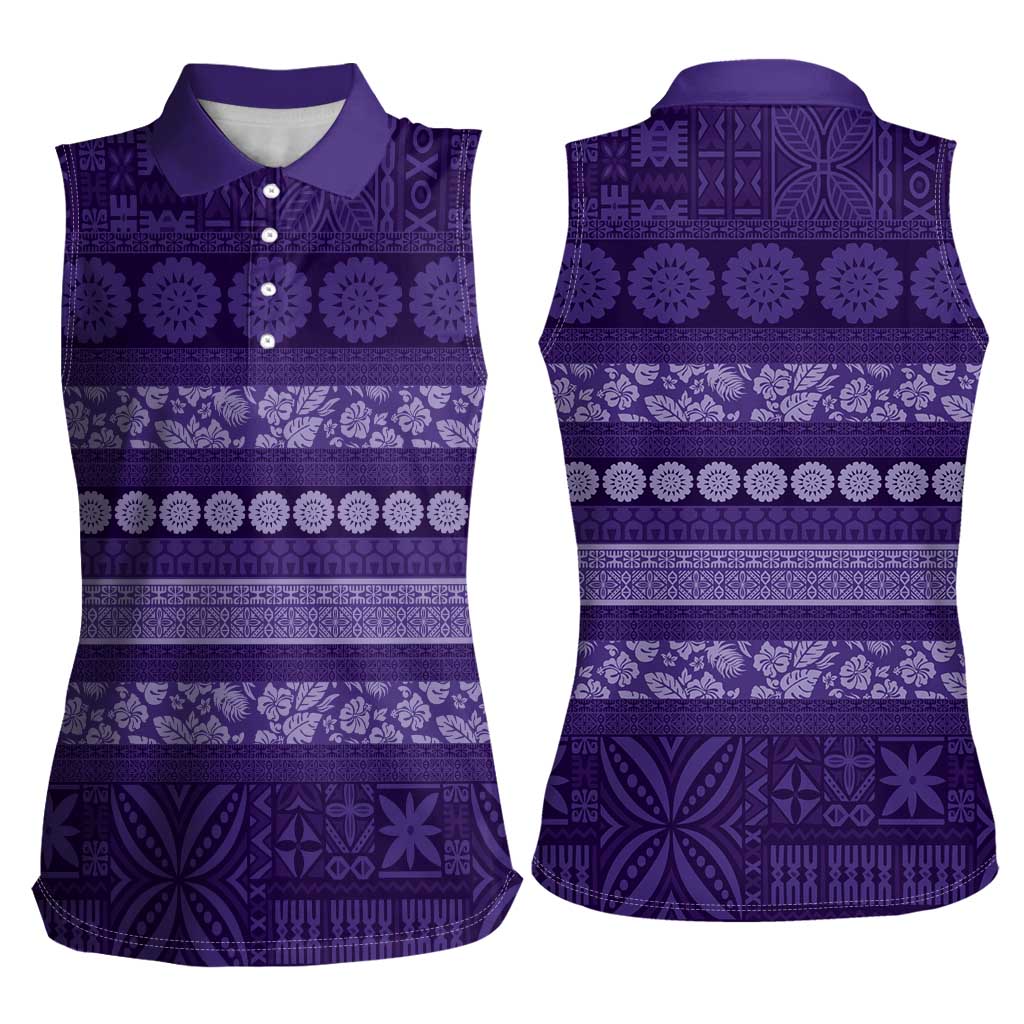 Fiji Marau na Kerisimasi Women Sleeveless Polo Shirt Purple Tapa Masi Inspired Christmas - Polynesian Pride
